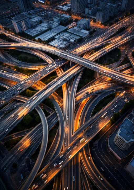 Overhead view of intersecting highways symbolizing team coordination and delivery pathways